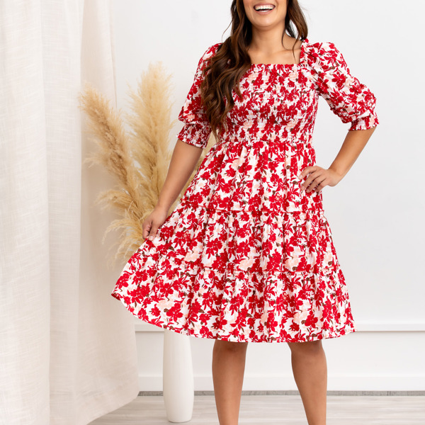 Elaine Red Floral Smocked Dress – Puff Sleeve Tiered Mini